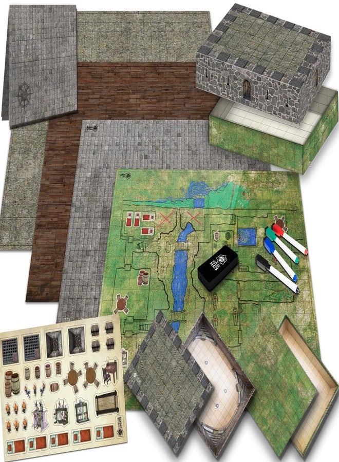 Melee Mats مجموعة خرائط بداية لعبة الاشتباك المباشر DND - شبكة تضاريس معركة مزدوجة الجوانب مقاس 22 × 26 بوصة، قابلة للمسح الجاف والرطب، للعبة Dungeons and Dragons - مجموعة ألعاب لوحية مع ملحقات - Image 1